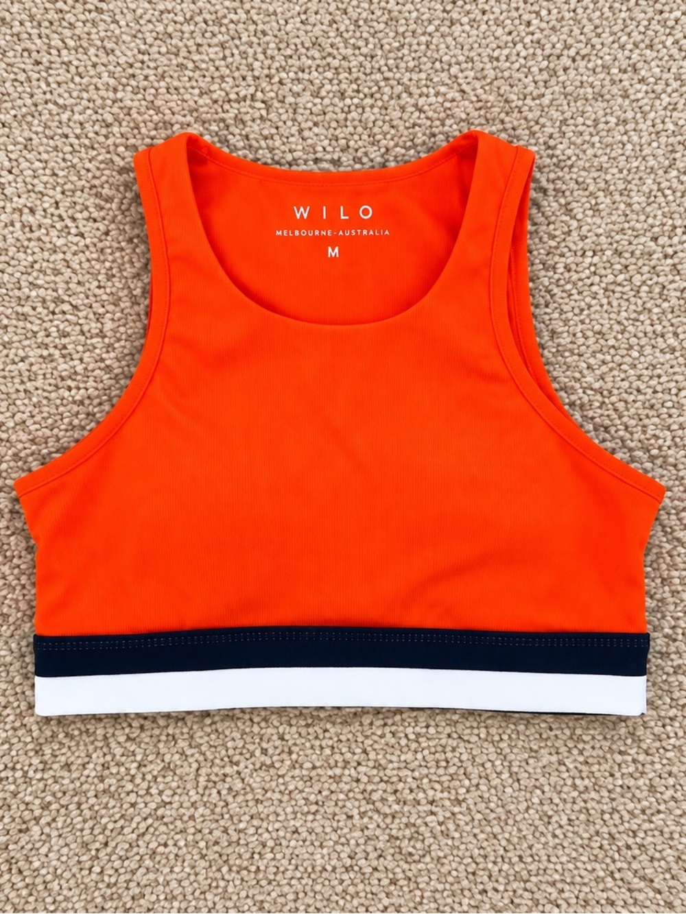 WILO Melbourne Orange/Navy Ribbed Sports Bra / Crop Top – Size Medium